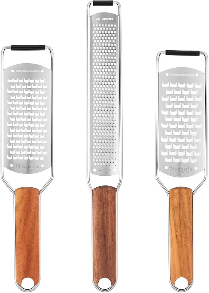 3-Piece Stainless Steel Cheese Grater & Zester Set w/Acacia Wood Handles – For Parmesan, Lemon Zest, Ginger, and Spices