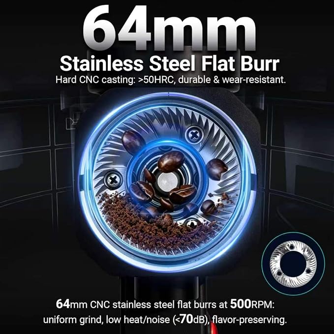 64mm Flat Burr Coffee Grinder with 35 Grind Settings Professional | Espresso Grinder Coffee Bean Grinder Electric with Magnetic Dosing Cup Quiet DC Motor for Pour Over, French Press, Cold Brew
