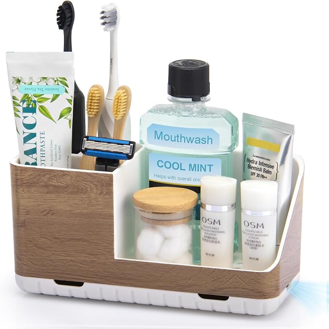 Toothbrush Holders for Bathrooms Countertop Organizer (Wood Grain) | Easy To Clean, Drainage, Non-Slip, Detachable, Kids Electric Toothbrush and Toothpaste Holder