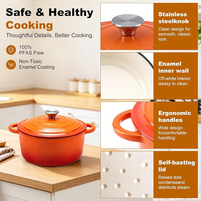 7-QT Enameled Cast Iron Round Dutch Oven With Lid,Oven safe,Orange | Large enameled cast iron Dutch oven,Retains moisture,PFAS-free,500°F,sourdough,braising/stews/roasting,Housewarming Gift