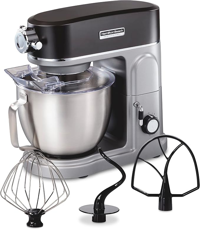 Hamilton Beach Professional All-Metal 5 Qt Stand Mixer With 12 Speeds | Stainless Steel Bowl | 450 Watts| Attachment Hub | Flat Beater, Dough Hook, Whisk | Tilt-Back Head | Stainless Steel | 63240