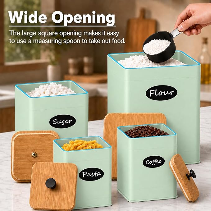 Kitchen Canister Set of 4, Sage Green Airtight Metal Flour Sugar Containers | Flat Bamboo Lids, Reusable Labels & Marker, Wide Openings, Coffee Tea Containers, Kitchen Countertop and Pantry Organized