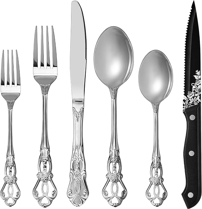 Runfly Gorgeous Retro Royal Silver Stainless Steel 48-Piece Flatware Set | Silverware Set for 8, Anti-rust Cutlery Set Utensils Kitchen Including Fork Spoon and Knife