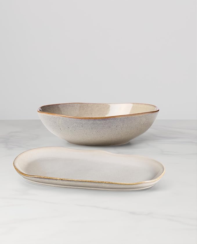 Oneida Organic Shades Oatmeal Stoneware 2-Piece Serving Platter Set | dishwasher safe, microwave safe | includes platter and serving bowl | 44oz, food tray, gift for women