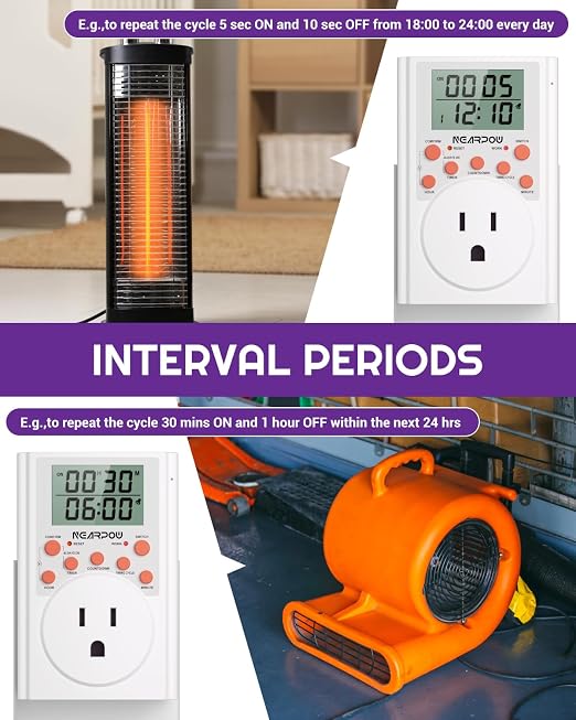 NEARPOW Infinite Cycle Digital Timer Outlet Switch, Programmable 3-Prong | Multifunctional Plug-in Electrical Timer, Energy-Saving Power Switch, Heavy Duty 15A/1800W for Household Appliances