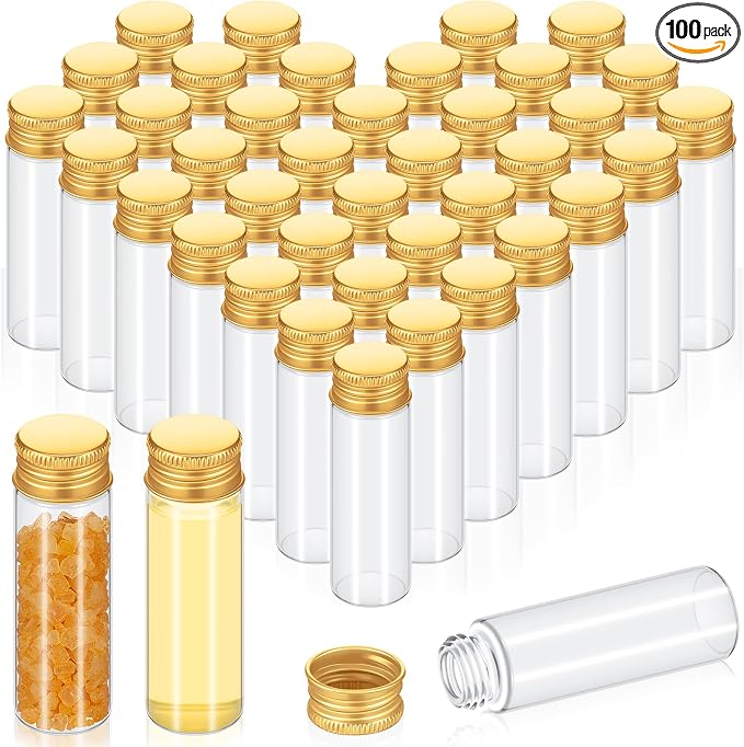 Didaey 100 Pcs Small Clear Vials Spice Mini Jars with Lids Mini Glass Bottles with Screw Aluminum Metal Caps Tiny Jars Sample Containers for Powder Cream Cosmetic Jewelry Wedding (15 ml,Gold Caps)