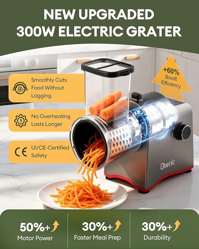 300W Electric Cheese Grater with 5 Stainless Steel Blades | Cheese shredder for Slicing, Shredding and Grinding Cheese, Vegetables, Fruits and Nuts with Easy one-touch Operation.