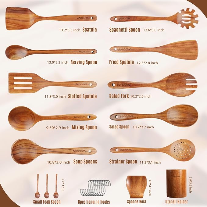 Mooues Wooden Kitchen Utensil Set, 15 Piece Natural Teak with Spoon Rest | Wooden Cooking Utensils with Comfort Grip, Smooth Durable Heat Resistant Cooking Spoons and Utensils Holder for Cooking