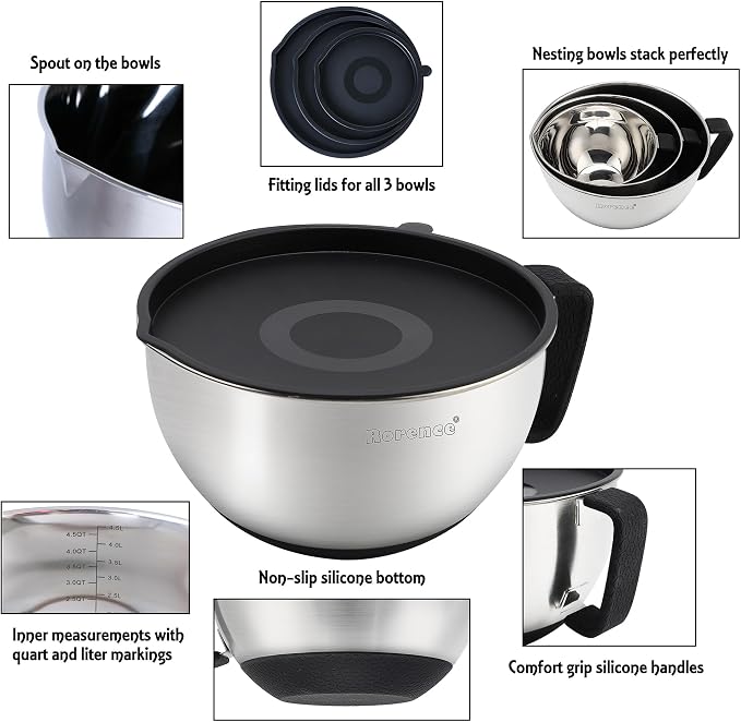 Stainless Steel Mixing Bowls: Metal Mixing Bowl Set with Lids and Handles Non-slip Silicone Bottom Nesting Bowls for Kitchen Set of 3 - Black