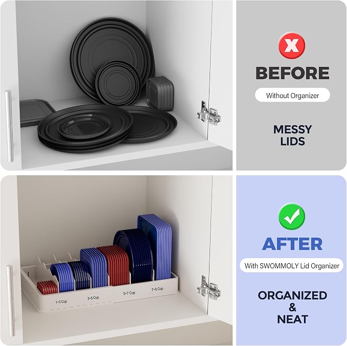 SWOMMOLY Expandable Food Container Lid Organizer for Kitchen Cabinet | Expands 9.8" to 17.3", Lid Holder with 6 Adjustable Dividers, 30 Writable Labels for Cabinets, Drawers and Pantry Storage