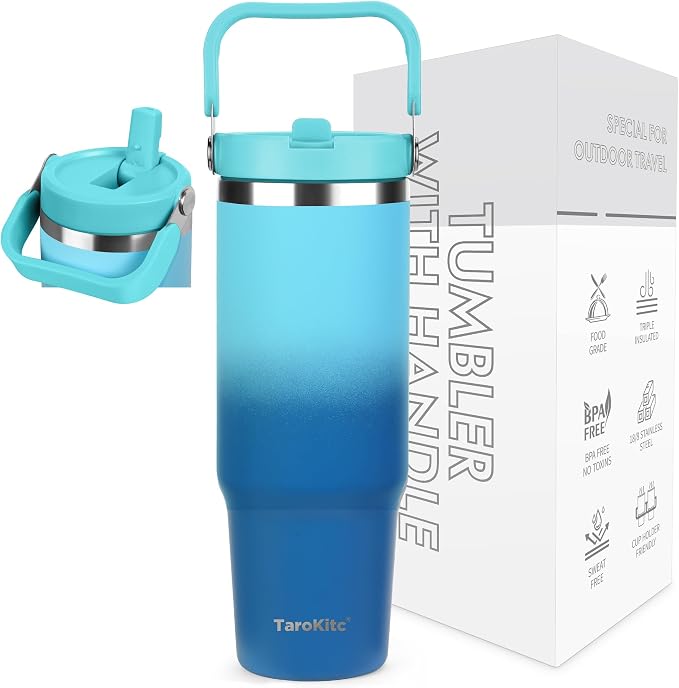TaroKitc 30 oz Tumbler with Handle and Flip Straw, Triple-Wall Vacuum Insulated Water Bottle, Leakproof Reusable Travel Mug for Home, Outdoors, Fit in Car Cup Holder, Cold for 30 Hrs,Sea Blue