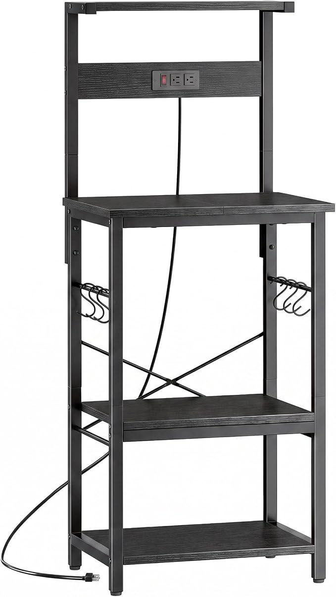 SUPERJARE 4 Tier Bakers Rack with Power Outlets, Microwave Stand with Adjustable Shelf, Kitchen Shelf Organizer for Small Space, Coffee Bar with 6 S Hooks, Kitchen Storage Rack, Black