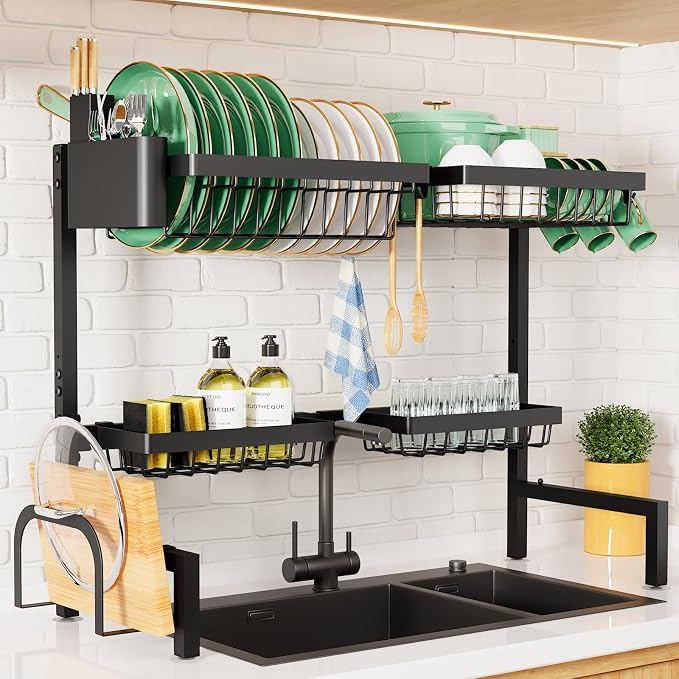 Kitsure Adjustable Over The Sink Dish Drying Rack, 26.8" -33.9"x21.5" | Sink Drying Rack for Kitchen Sink, Dish Rack Over Sink with Cutlery & Utensil Holders, Kitchen Storage, Black