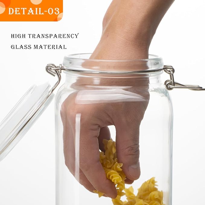50oz Square Glass Food Storage Jars with Airtight Clamp Lids 3 Pack | Glass Storage Containers for Flour, Sugar, Rice, Coffee, Cereal, Sourdough Pickling and Canning, Mason Jar，Kitchen Canisters