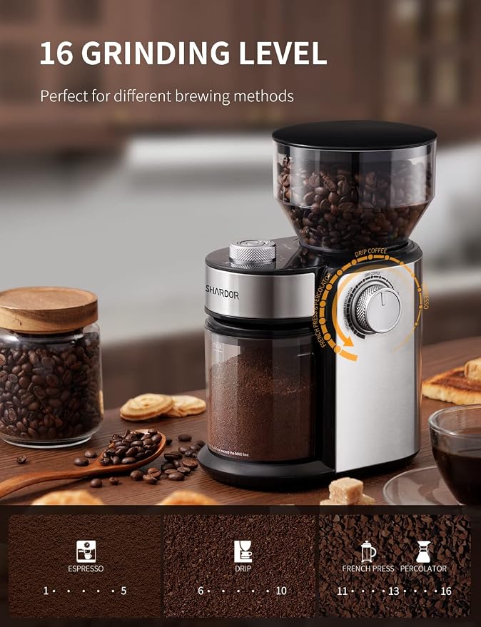 SHARDOR Electric Burr Coffee Grinder, One-Touch Automatic Coffee Bean Grinder for Espresso & French Press, Large 14-Cup Flat Burr Grinder for Home Use
