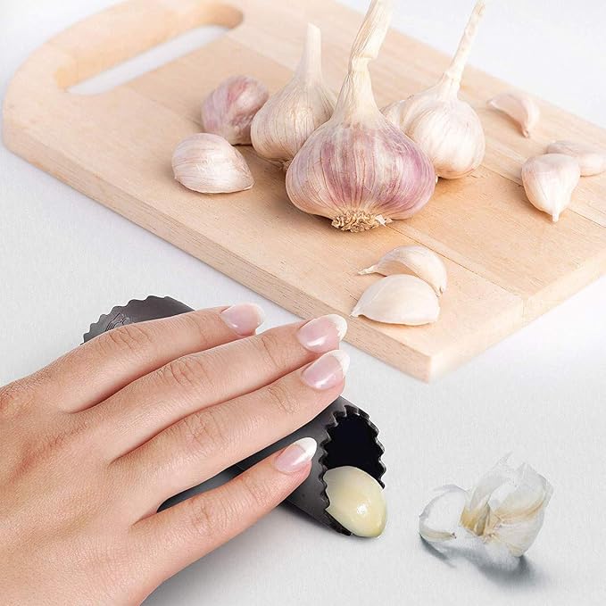 Garlic Press Rocker, Stainless Steel Garlic Crusher, Mincer and Chopper | Garlic Squeezer Easy Kitchen Gadget with Silicone Tube Garlic Peeler and Cleaning Brush Tool Set for Effortless Smashing