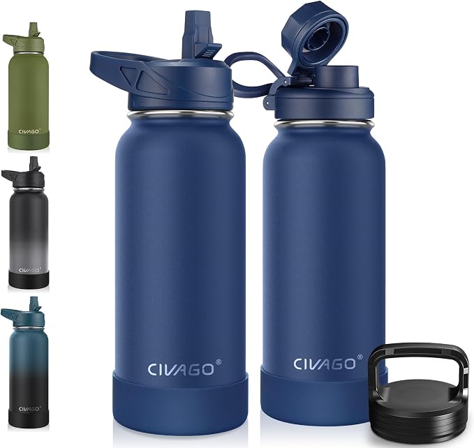 CIVAGO 32 oz Insulated Stainless Steel Water Bottle With Straw and 3 Lids | Large Metal Sports Water Jug, Leakproof Reusable Wide Mouth Thermal Flask Cup with Silicone Boot, BPA-Free, Navy Blue