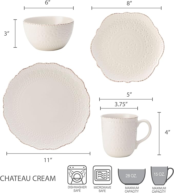 Pfaltzgraff Chateau Cream 16-Piece Stoneware Dinnerware Set, Service for 4, Off White
