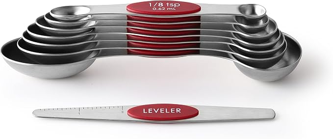 Spring Chef Stainless Steel 8 Magnetic Measuring Spoons Set, 2 Pack, Red | Nesting Teaspoon & Tablespoon Measuring Spoons w/ Leveler for Dry & Liquid Ingredients, Measure Spoons For Baking & Cooking