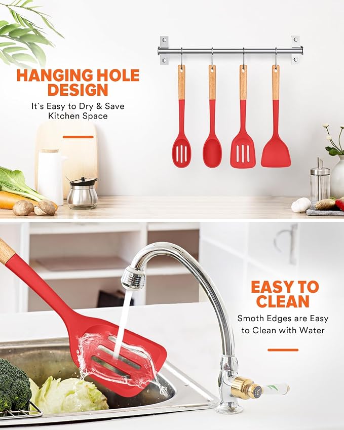 Silicone Cooking Utensils Set, Safe for Nonstick Cookwares, Red | Perfectly Angled for Frying, Mixing,Serving,Draining,Turning and Stirring, BPA-Free Matte Silicone, Wood Handles,4 Pack
