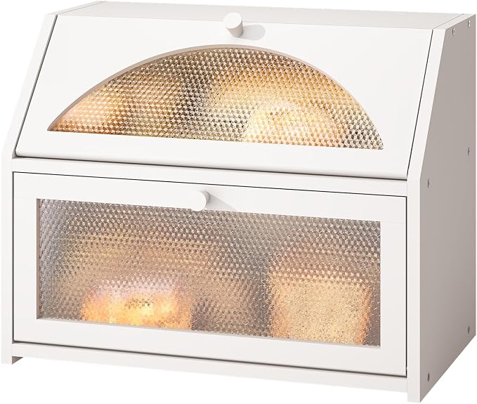 White Bread Box, Bamboo Wood Bread Box for Kitchen Counter, Double-layer Bread Storage Bin, Acrylic glass with Diamond Patterns (White, Large)