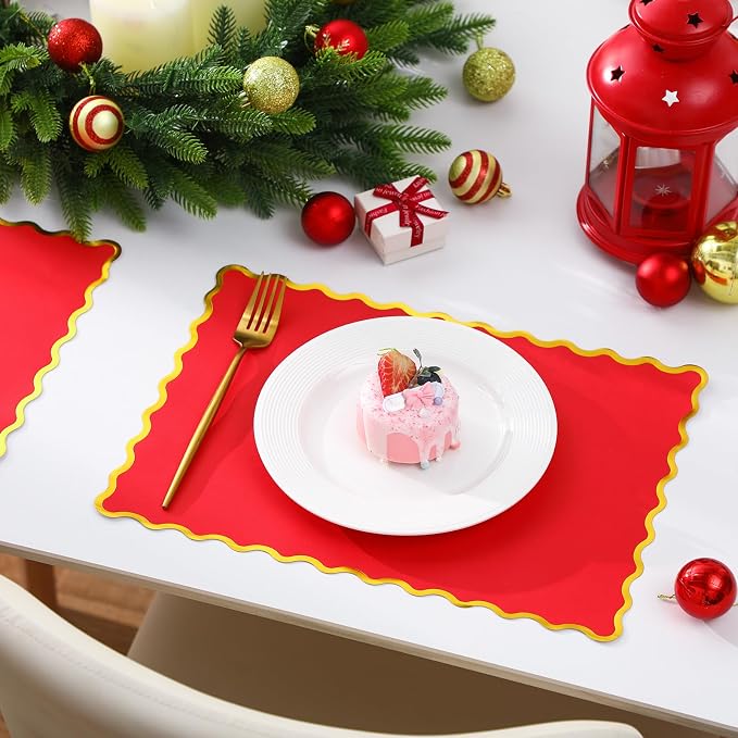 FoldTier 150 Pcs Disposable Paper Placemats Bulk 10"x14" Rectangle Place Mats with Scalloped Edges Dining Table Mat for Wedding Birthday Party Table Decoration(Red)