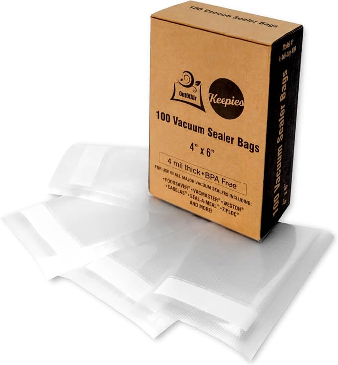 OutOfAir 100 Vacuum Sealer Bags: 4" x 6" Pre Cut Bags - Works with FoodSaver & Other Machines - 33% Thicker BPA Free, 4 Mil Commercial Grade, 4 x 6 inches