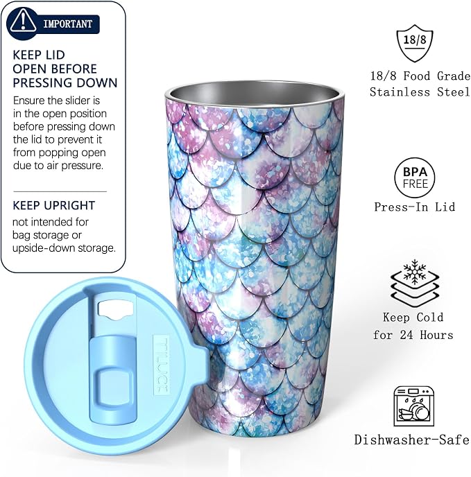 TILUCK 20 oz Insulated Coffee Tumbler with BPA-Free Lid | Travel Coffee Mug, Dishwasher Safe, Cup Holder Friendly, Double-Wall Vacuum Insulation for Hot & Cold Drinks, FishScales