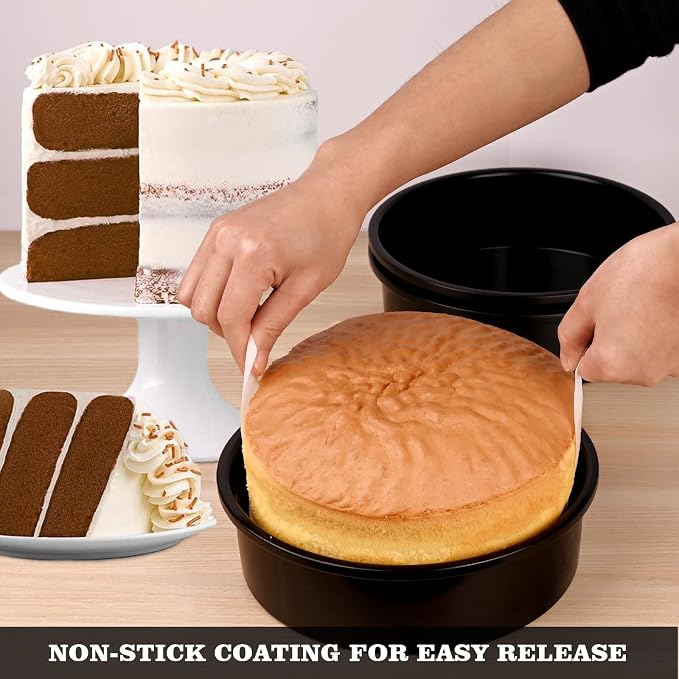 HUAKENER 8 Inch Cake Pan, 3Pcs Round Cake Pan with Parchment Paper | Carbon Steel Cake Baking Pans with 70 Pieces Parchment Paper, Non-stick Cake Baking Pans, Dishwasher Safe