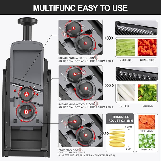 SupMaKin 2026 Upgrade Safe Mandoline Slicer,Multi Vegetable Chopper,Potato Slicer, Onion Chopper with Drain Basket Storage Container, Cheese Grater Kitchen Chopping Artifact (Black)