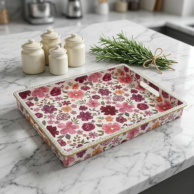 Rectangular Plastic Serving Tray with Handles, Burgundy Watercolor Floral Print with Gold Rim, Vintage Tray for Breakfast, Coffee, Tea, Home Decoration and Party, 15.7" x 11.8" x 1.57"