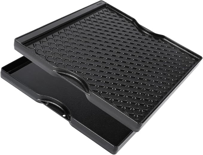 Utheer Reversible Cast Iron Griddle, Ceramic Nonstick Grill Pan for BBQ | 15.18 lb cast iron body with grease trap and raised edges, PFOA-free ceramic coating simplifies cleanup.