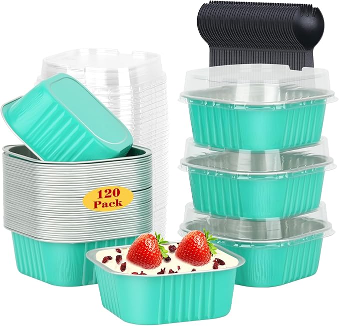 LNYZQUS 120 Pack 10oz Mini Cake Pans with Lids and Spoons for Bake Sales | Disposable, 4x4 Square Baking Tins, Individual Cinnamon Roll Containers, Small Foil Dessert Cups for Farm Stand, Blue