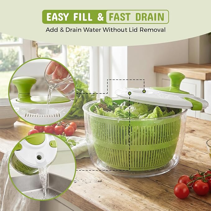 Salad Spinner, Lettuce Spinner with Drain, Vegetable and Fruit Washer, Salad Dryer for Washing, Spinning, and Drying Greens, Fruits and Vegetables, 5.3 Quarts Capacity