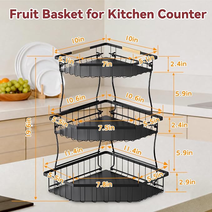 3 Tier Fruit Basket for Kitchen Counter with 2 Banana Hangers for Corner | Detachable Metal Fruit Bowl with Wooden Handle, Large Capacity Fruit Stand for Bread Fruit and Vegetable Storage-Black