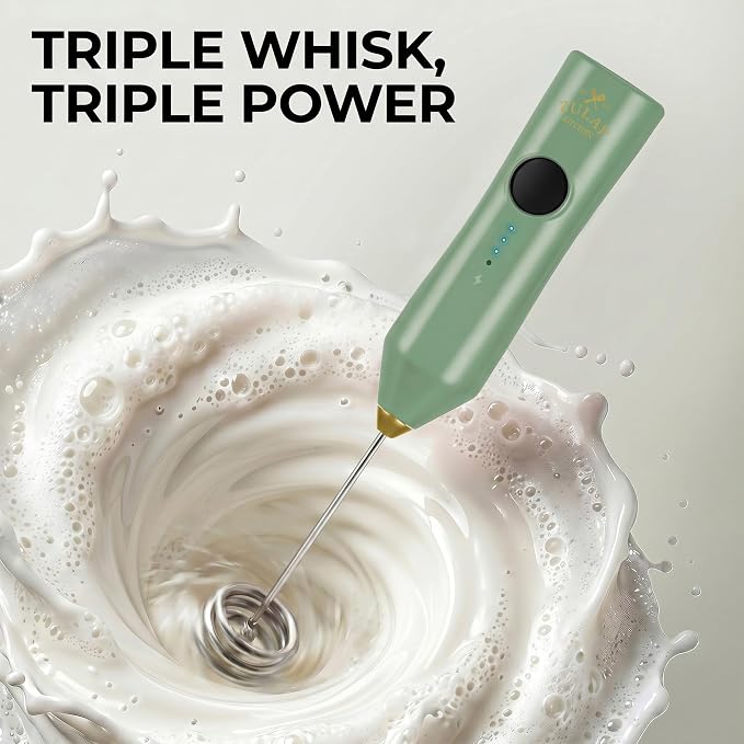 Zulay Kitchen Rechargeable Milk Frother Handheld - Frother Wand, Drink Mixer, Electric Whisk Frother, for Cappuccinos, Matcha & Protein Powder - Dynamic Triple Whisk, 3 Speed 500mAh Forrest Green Gold