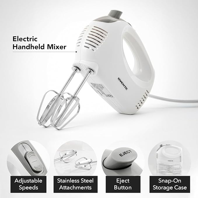OVENTE 5-Speed Electric Hand Mixer with Storage Case,150W, White HM151W | Stainless Steel Whisks, Compact Portable Design, Lightweight Handheld Mixer for Baking & Cooking