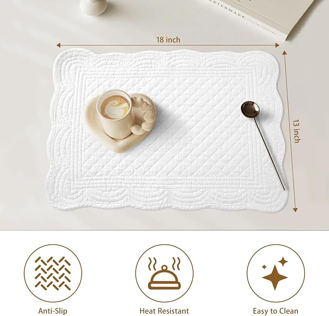 6 PC Quilted Placemats, 18"X13"Extra Large Cotton Placemats Set of 6, 100% Cotton Fabric Washable Cloth Table Mats for Kitchen & Dining Table - Soft &Easy Clean(Cream White, Rectangular)