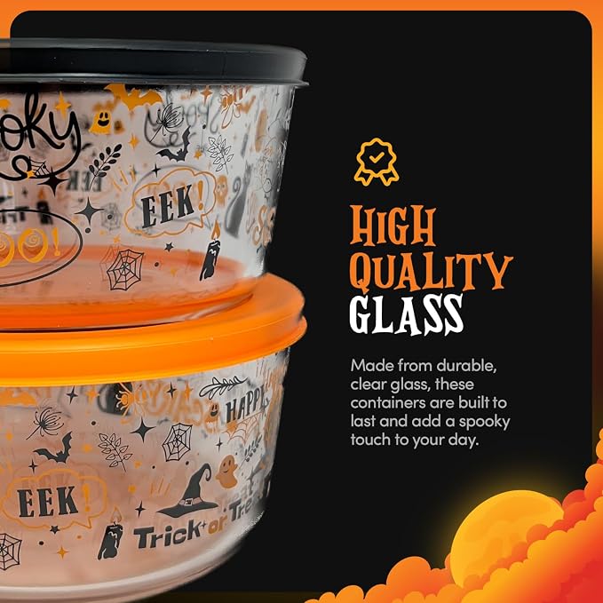 Halloween Glass Food Storage Containers with Lids | Set of 6 (3 Containers + 3 Lids) 2-Cup | Spooky Design, BPA-Free, Microwave & Dishwasher Safe|Perfect for Meal Prep, Snacks & Leftovers
