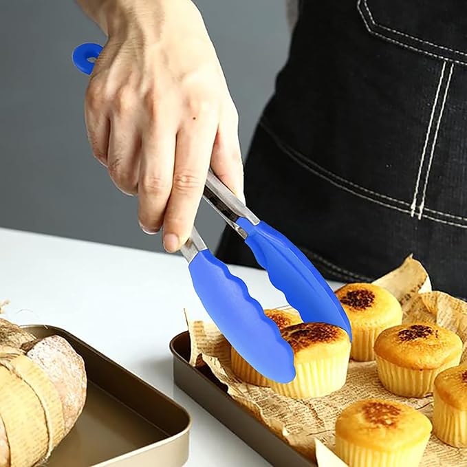 HINMAY Small Tongs with Silicone Tips 7-Inch Serving Tongs, Set of 3 (Blue)