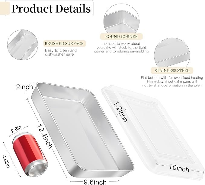 Stainless Steel Baking Pan with Lid, 2-Pack Rectangular Cake Pan Set, Non-Toxic & Heavy Duty Metal Bakeware for Brownie, Lasagna, Casserole, Roasting, Dishwasher Safe