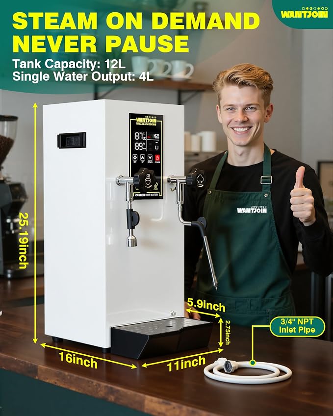 WantJoin Commercial Milk Frother - 1800W Milk Steamer, Hot Water Dispenser, Beverage Heater for Latte, Cappuccino, Coffee, Milk Tea, LED Display, Hotel Use