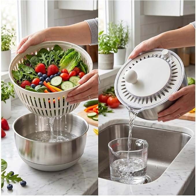 Salad Spinner Dishwasher Safe Stainless Steel Salad Spinner, 5.3 Qt Vegetable Washer, Lettuce Spinner with Non-Slip Base and Stop Button, Transparent Lid & Drainage Hole