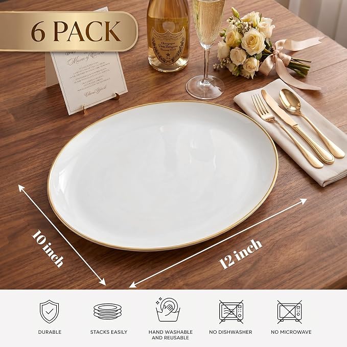 6Pcs Gold Plastic Serving Trays - 12 Inch White and Gold Oval Disposable Plates - Heavy Duty White Plastic Serving Platters for Wedding/Birthday/Dinner Party/BBQ/Holiday Gatherings
