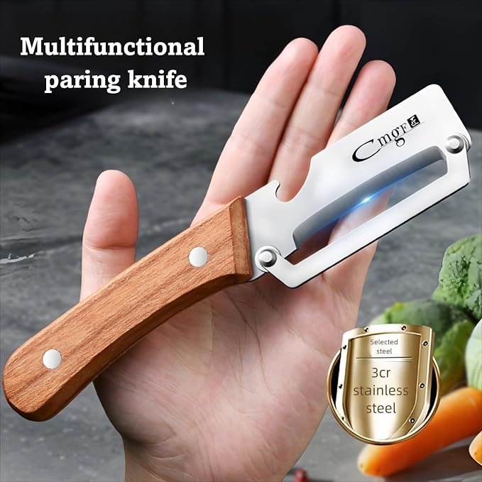 Vegetable Peeler Wooden Handle Sharp Stainless Steel Blade for Fruit | 2-in-1 Multifunctional Peeler,Anti-slip,Zero Snag,Built-in Bottle Opener,Peelers for Kitchen Veggie Potato Pumpkin Apple