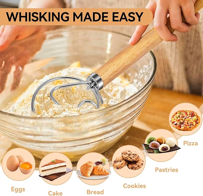 TEEVEA Danish Dough Whisk Wooden Handle Stainless Steel for Sourdough Bread | Dutch Dough Hook, Replaces Hand Mixer and Spoon, Bread Baking Tool, Food Grade Rust Resistant Steel, Non-Stick, Easy to Clean