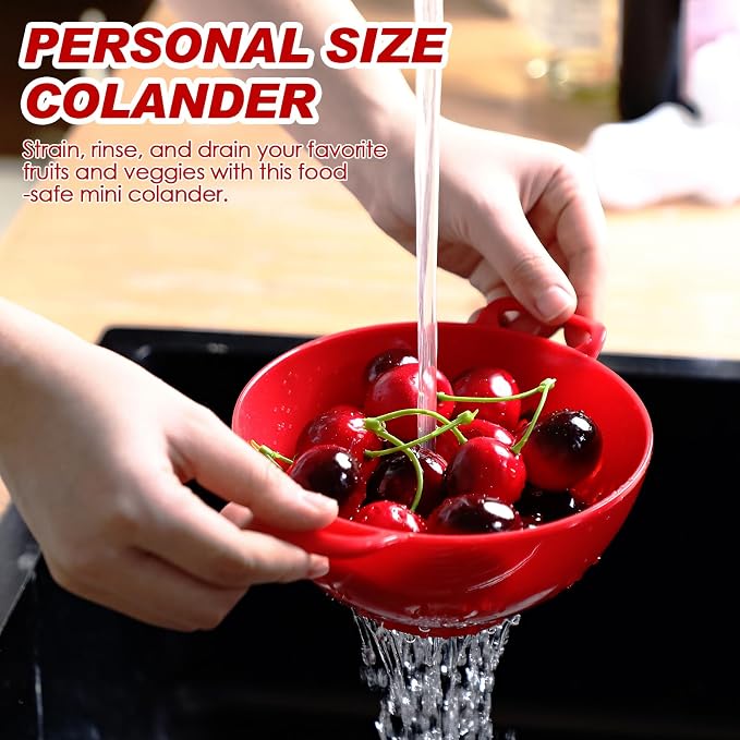 4 Pack Mini Colander for Kitchen Plastic Berry Strainer with Double Handles 7.5 x 6 x 3 Inch Small Colander Strainer for Fruits Vegetables Food (Red)