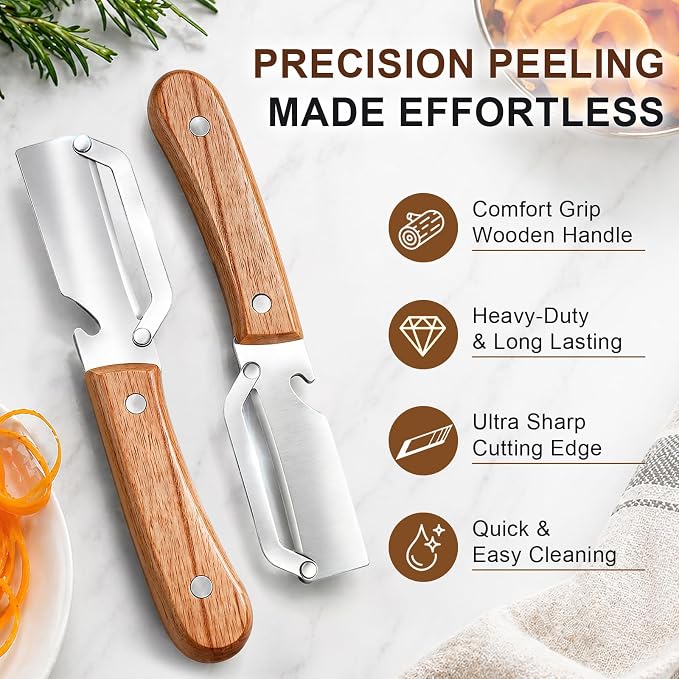 2 Pack Multifunctional Vegetable Peeler with Wooden Handle & Bottle Opener Multi Functional Stainless Steel Peeler for Kitchen, Peeler for Fruit, Potato, Carrot, Pumpkin, Apple Peeling