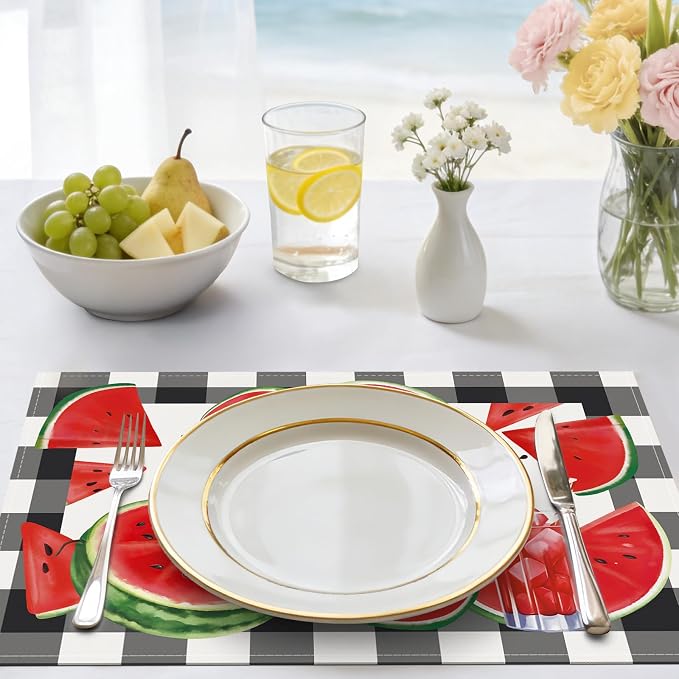 Bonhause Summer Watermelon Placemats Set of 4, 12x18 Inch Black White Buffalo Plaid Fruit Juice Kitchen Dining Table Mats Washable Place Mats for Indoor Outdoor Home Party Decor