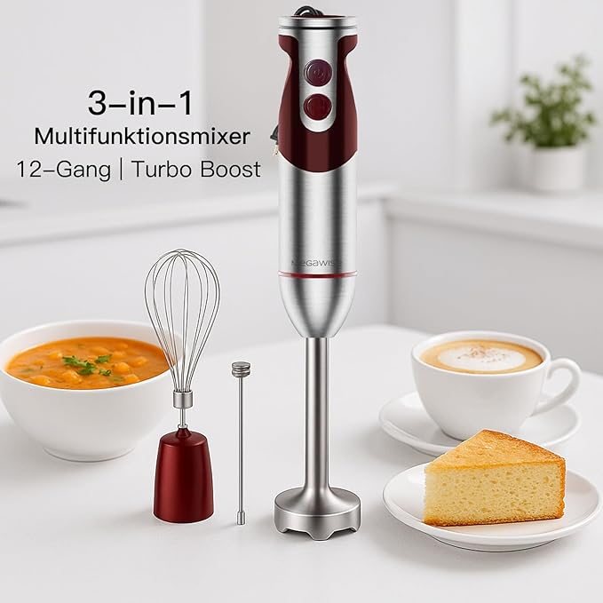MegaWise Pro Titanium Reinforced 3-in-1 Immersion Corded Hand Blender, Powerful MOTOR with 80% Sharper Blades, 12-Speed Corded Blender, IncludingWhisk and Milk Frother (3-in 1 Red)